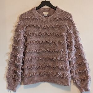 Main Strip Mauve Fringe Knit Sweater Med Textured Boho Statement Top Mauve Soft